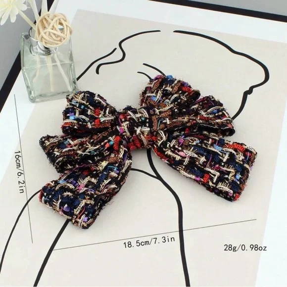 Multicolor Tweed Bow Tie Brooch - Picture 5 of 12